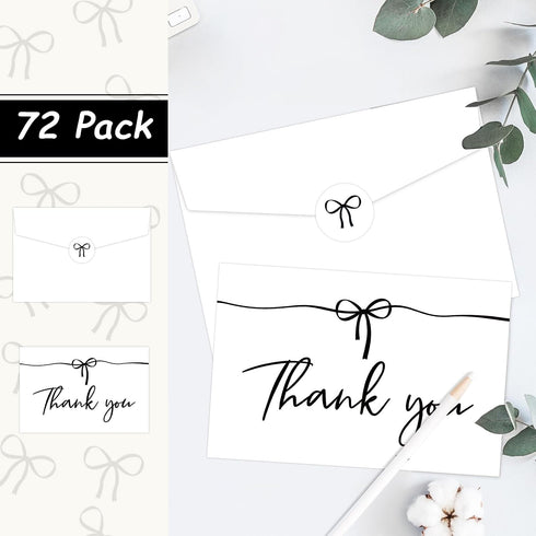 72Pack Set 72Cards, Supplies,46Inch MATJOE Black Bow Thank You Card Includes Black Bow Stickers and White