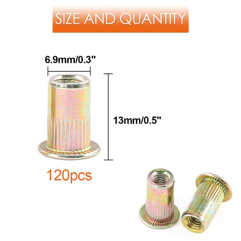 120-Pcs 5/32''-32UNC Mixed Zinc Plated Carbon Steel Rivet Nut Flat Head Insert Nutsert Assortment Kit