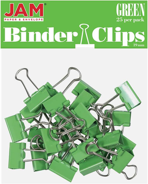 JAM PAPER Colorful Binder Clips - Small - Green - 3/4 Inch (19 mm) - 25/Pack