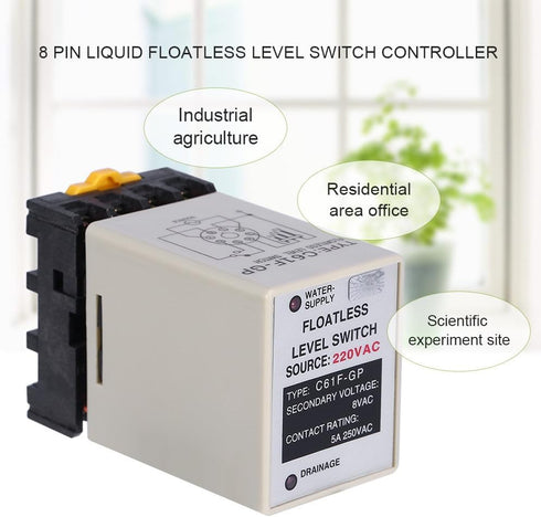 Liquid Water Level Sensor, Floatless Level Switch, C61F-GP AC220V 50HZ/60HZ Liquid Level Controller with Base for Water Industry