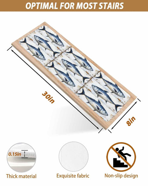 BOHOOSKYLAR 4 8"x30" Marine Life Stair Treads Retro Blue Tuna Oil Painting Wood Texture Indoor Non Slip Peel and Stick