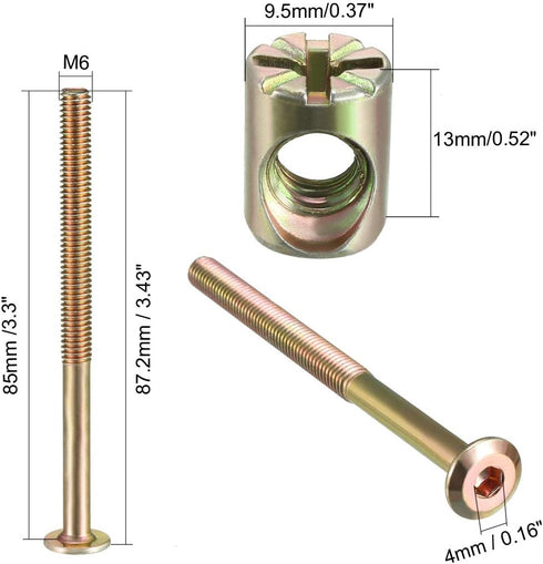 uxcell M6x85mm Furniture Bolt Nut Set with Hex Socket Screw, 48mm Thread Length, Barrel Nuts for Beds, Headboards,