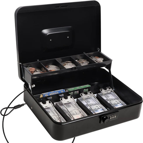 Cash Box with Combination Lock, Durable Metal Cash Box with Money Tray, Security Locker with Cable, Black