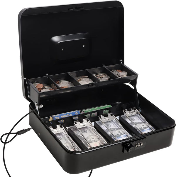 Cash Box with Combination Lock, Durable Metal Cash Box with Money Tray, Security Locker with Cable, Black