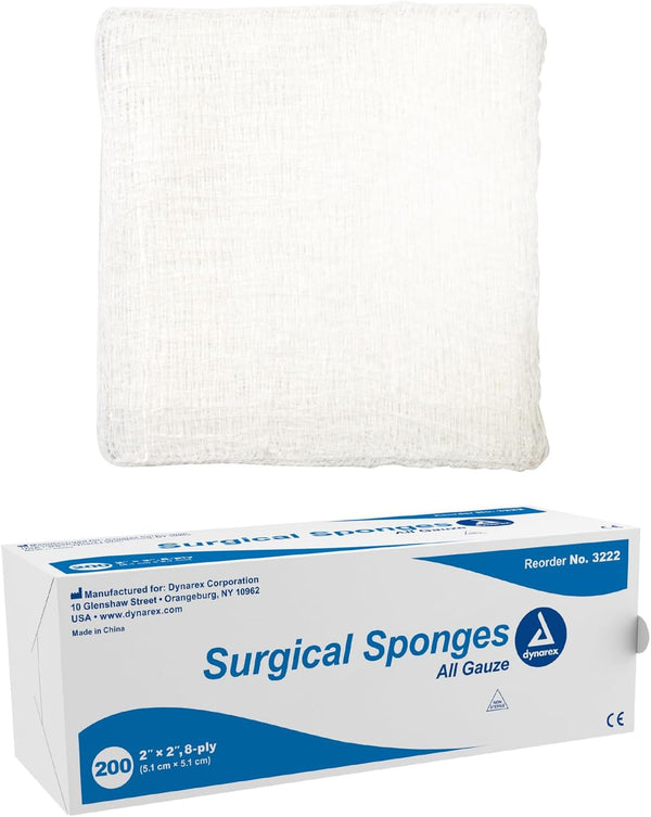 Dynarex Surgical Gauze Sponges, Absorbent Cotton Fabric, 2x2", 8-Ply, Sleeve of 200 Sponges