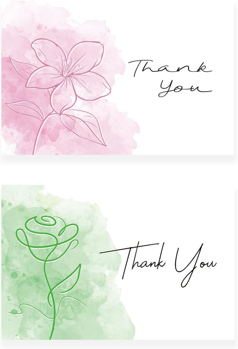 BZHTRMK 20PCs, Watercolor Style, Pink & Green Linear Floral Thank You Cards with