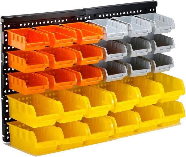 30-Bin Wall Mounted Storage Bins Kit, Tool Organizer Rack, Garage Hardware Organizer,