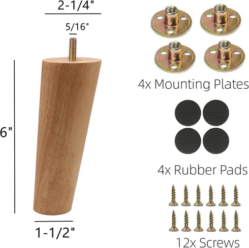 Legs(6" Set 4) WEICHUAN Solid Rubber Wood Replacement Sofa Couch Chair Ottoman Loveseat Coffee Table Cabinet Furniture
