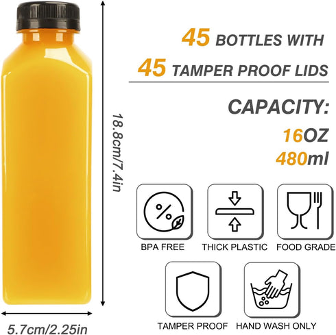 45pcs 16oz TOMNK Juice Bottles with Lids, Reusable Plastic Juice Bottles with Caps and Labels, Funnel, Brush Beverage