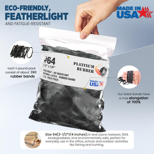 Black High Heat UV Resistant #64 Platinum Rubber Crepe Band - Large Premium Fishing Rubberbands Made in USA (3 1/2" x