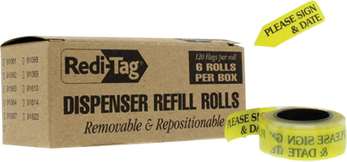 Redi-Tag 91032 Arrow Message Page Flag Refills, "Please Sign & Date", Yellow, 120 per Roll (Box of 6)