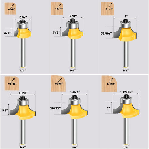 6pcs Set 1/4 Inch 1/8", 3/16", 1/4", 5/16", 3/8", 1/2" Roundover Router Bit Shank, Carbide Tip Rabbeting Router Bits