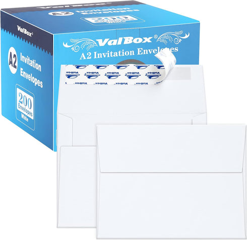 ValBox A2 Invitation Envelopes, 200 Pack, 4.375x5.75" White Self Seal for Invitations and Greeting Cards