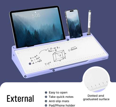 LOUKIN Glass Desktop Whiteboard, 15.3" x 5.6" with Dotted Surface, Includes 3 Markers & 1 Eraser (Purple)