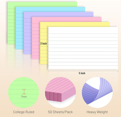 600 Count 3 5 Inch Colored Index Cards x Ruled Index Cards, Flash Cards College Ruled for School, College, Office