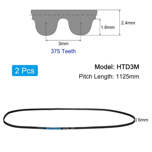 uxcell 2pcs HTD-3M Rubber Timing Belt, 375 Teeth, 1125mm Pitch Length, Closed Loop