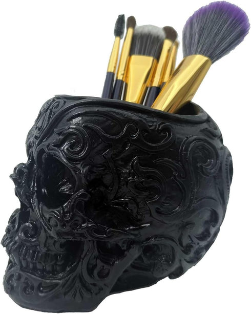 CUZOKOLA Goth Accessories - Black Skull Decor Pen Holder with Strong Resin for Vanity, Office Organizer, Skull Planter