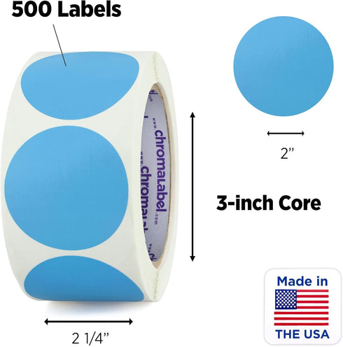 ChromaLabel 2 Inch Round Label Removable Color Code Dot Stickers, 500 Labels per Roll, Light Blue