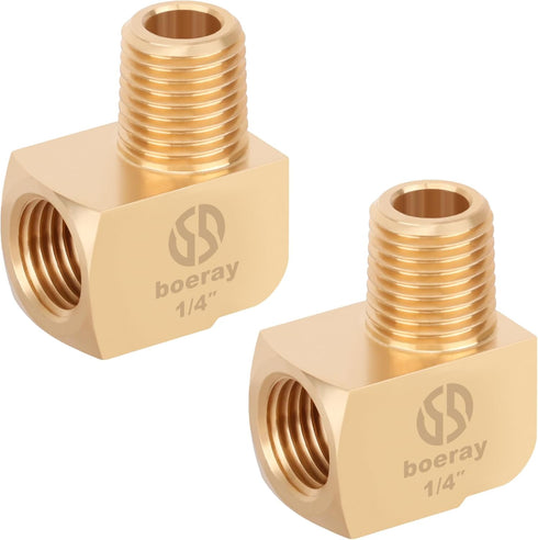 2pcs 1/4” Brass Fittings - 90 Degree Barstock Street Elbow, 1/4" NPT Male to Female Pipe