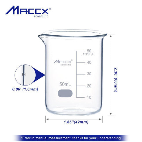 1.7oz(50ml) Sturdy Glass Beaker, 3.3 Borosilicate Griffin Low Form with Printed Graduation, Pack of 10