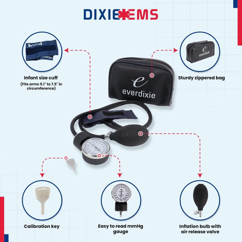 Dixie EMS Deluxe Infant Aneroid Sphygmomanometer Blood Pressure Set W/Infant Cuff, Carrying Case and Calibration Tool Latex Free – Navy