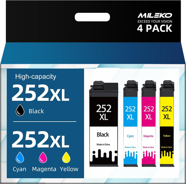 MILEKO Remanufactured Ink Cartridge Replacement for Epson 252 252XL T252XL (Black, Magenta, Yellow, Cyan, 4-Pack) for