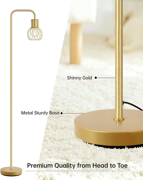 6W Bulb, Brass Gold Standing Floor Lamp for Living Room - Modern Industrial Design with LED Foot Switch, Metal Tall