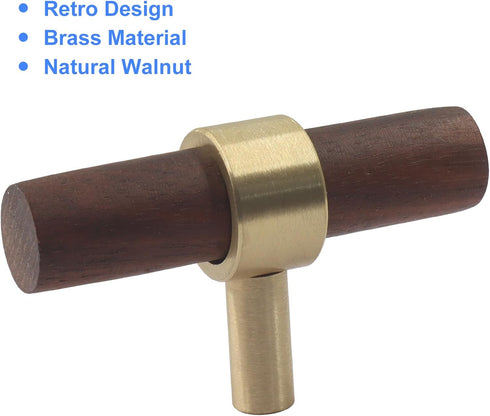 Piutouyar 2 60 mm/2.36 inch Pcs Walnut Cabinet Pulls, Single Hole Wood Drawer Handle Knobs, T Bar Knob Pull Handles