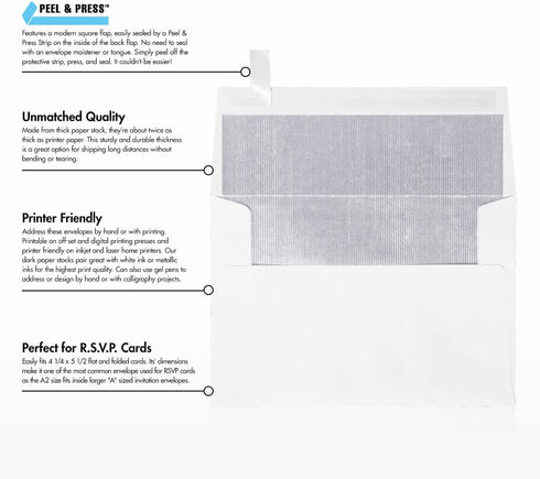 LUXPaper A2 Invitation Envelopes | Peel & Press | 4 3/8" x 5 3/4" | White w/Silver LUX Lining | 70lb. Text | 50 Qty