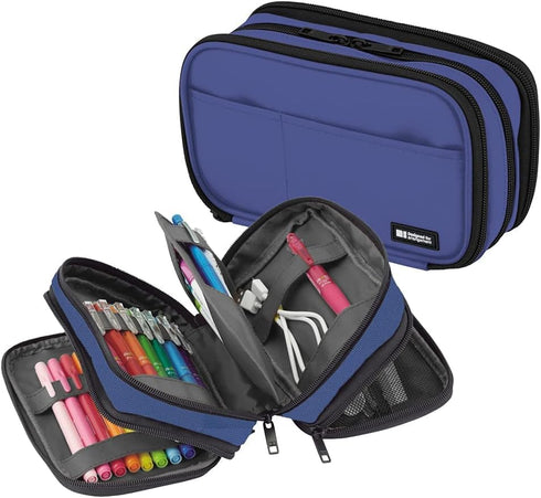 LIHIT LAB Large Capacity Triple Zipper Pencil Case for School, Office, Big Capacity, Blue