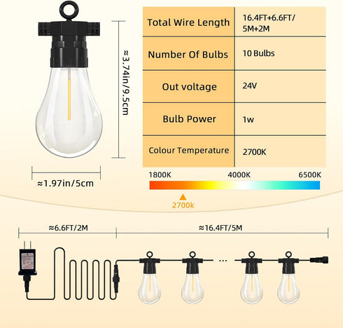 BYIZO 10 Bulbs, 23FT Commercial 2700K LED Outdoor String Lights with Shatterproof Edison Grade Patio Lights