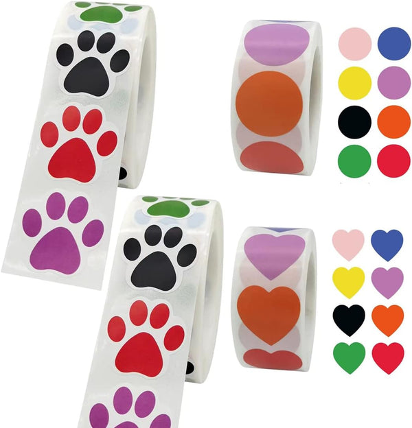 TuNan 4 Rolls Heart/Round/Paw Prints Stickers Self-Adhesive, 2000pcs, 1 Inch Colorful Dogs Paw
