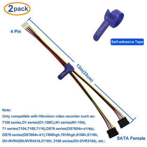 4 13-in(33cm)(2-Pack) COMeap SATA Power Cable for Hikvision Video Recorder, Pin to SATA Hard Drive HDD Power Adapter