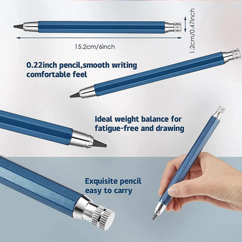 Professional Art Sketch Mechanical Pencil, 5.6mm Metal Drawing Pencil with 4 2B 4B 6B 8B Lead Sets (Black)