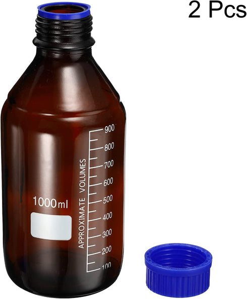 PATIKIL 1000mL Reagent Media Bottle, 2Pcs Round Graduated Glass Storage Bottle, Blue Screw Cap for Lab
