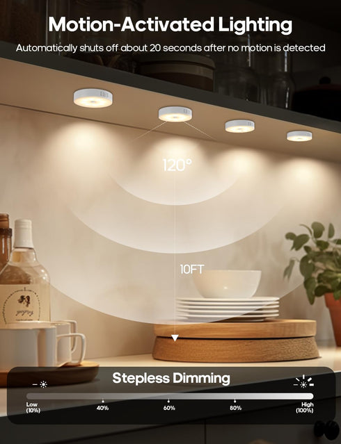 Dimmable 3000K GOODEA Motion Sensor Night Light, Battery Operated Puck Lights with Remote, Warm White Night Light, Soft