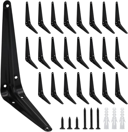 Mormchlots 24Pcs 6 x 5 Inch Black Shelf Brackets, Heavy-Duty Metal Steel Corner