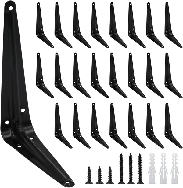 Mormchlots 24Pcs 6 x 5 Inch Black Shelf Brackets, Heavy-Duty Metal Steel Corner