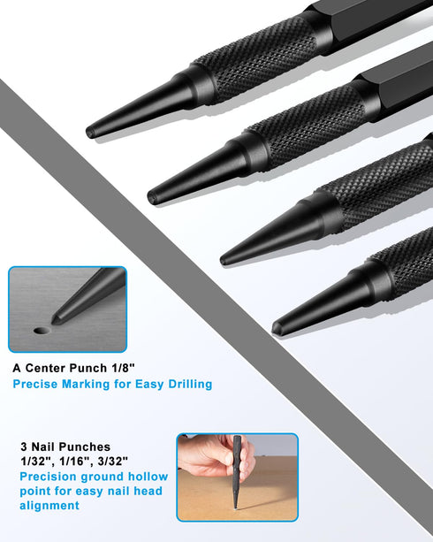 Tnuynoy 4-Piece Set, 3/32", 1/32", 1/16" Setter 1/8" Nail Punch and Center Punch Hardened Cr-V Steel with Non-Slip