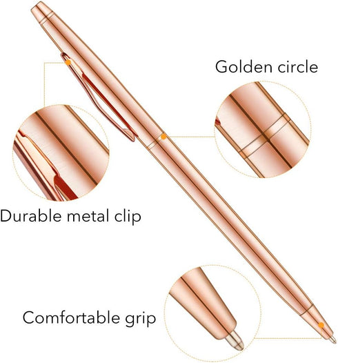 Unibene Slim Metallic Retractable Ballpoint Pens, Rose Gold, Nice Gift for Wedding, Business, Office, Students,