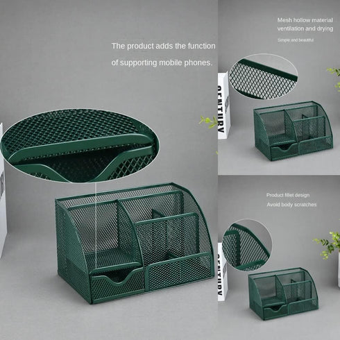 Green Desk Organizer Mesh Drawer Storage, 6 Compartments and Drawer, Desktop Caddy for Stationery, Cosmetics