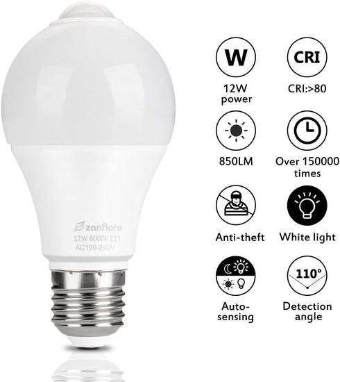 Bulb, 12W(100W Bulbs Zanflare Motion Sensor Outdoor Light Equivalent), Dusk to Dawn Light Auto On/Off Motion Detector