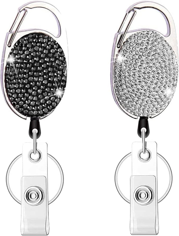 HASFINE Elegant ID Badge Holders 2 Pack Bling Rhinestone Retractable Badge Reels with Belt Clip & Key Ring (Black &