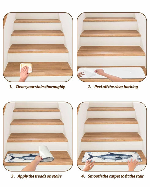 BOHOOSKYLAR 4 8"x30" Ocean Life Stair Treads Retro Blue Tuna Oil Painting Wood Grain Indoor Non Slip Peel and Stick
