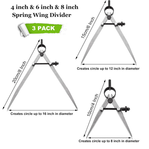 3 Pack Adjustable Spring Wing Divider, 4 & 6 & 8 Inch Steel Lockable Divider Compass for Drawing, Drafting