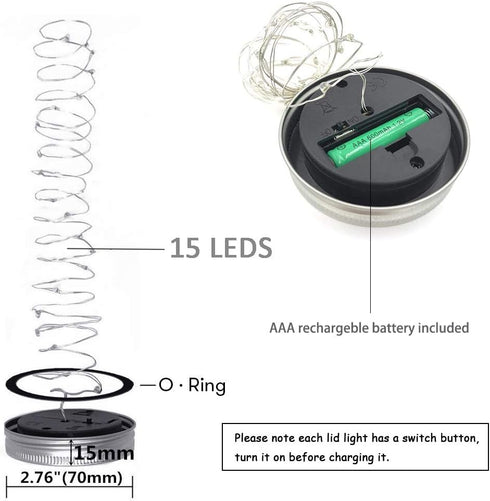 Solar Mason Jar Lights, 8 Pack 15 LED Waterproof Fairy Firefly Jar Lids String Lights (No Jars)