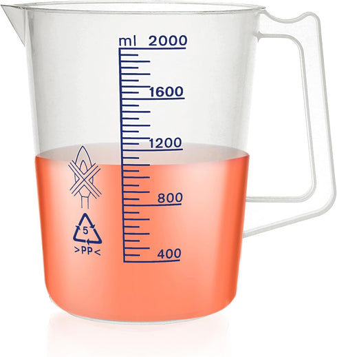 Plastic Beaker Set, 2000ml Measuring Beakers with Handle and Spout, Blue Printed Scales