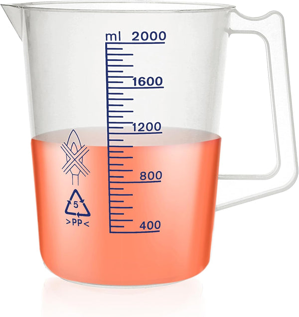 Plastic Beaker Set, 2000ml Measuring Beakers with Handle and Spout, Blue Printed Scales