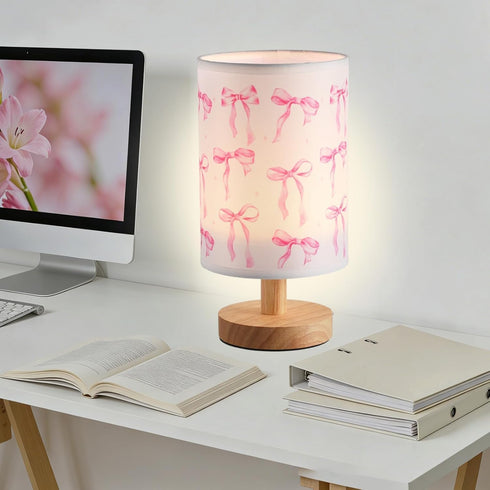 Lonfliness Pink Bow Kids Table Lamp Kids Bedside Lamp Bedroom LED Night Light with Linen Wooden Nightstand Cartoon