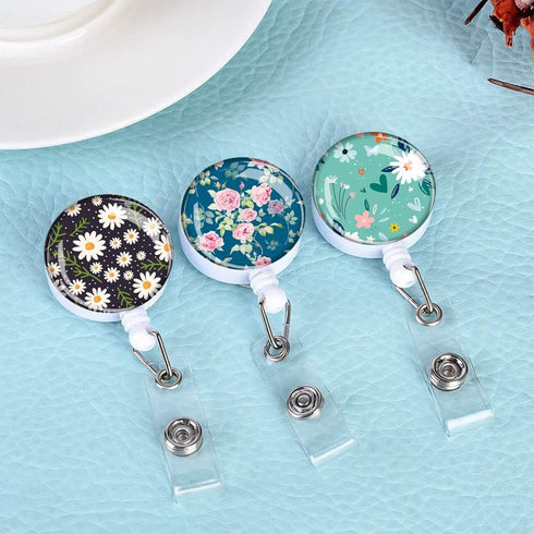 Retractable ID Badge Holder Nurse Badge Reels, Clip Name Card Holders for Office Worker (Cute Flowers 3 Pack)